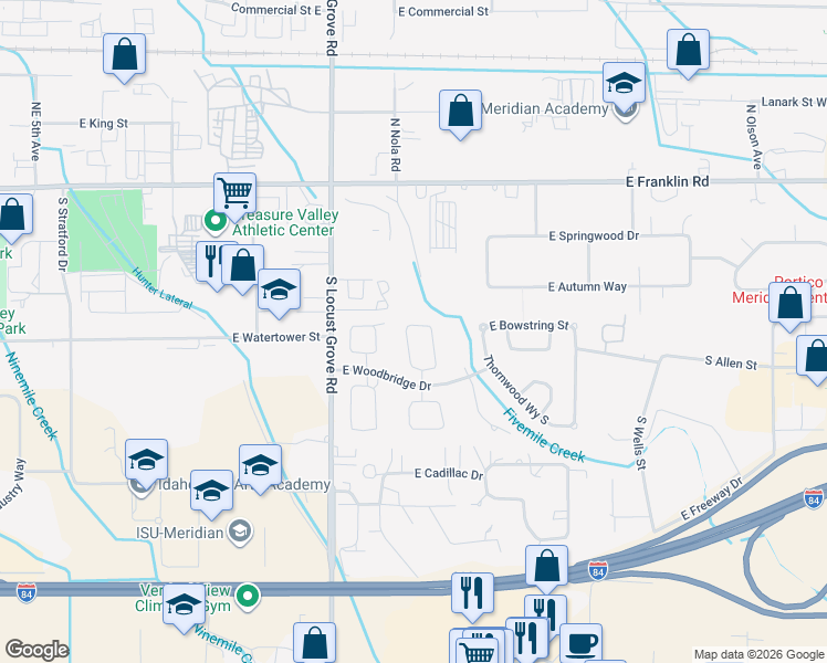 map of restaurants, bars, coffee shops, grocery stores, and more near 478 South Trunnel Avenue in Meridian