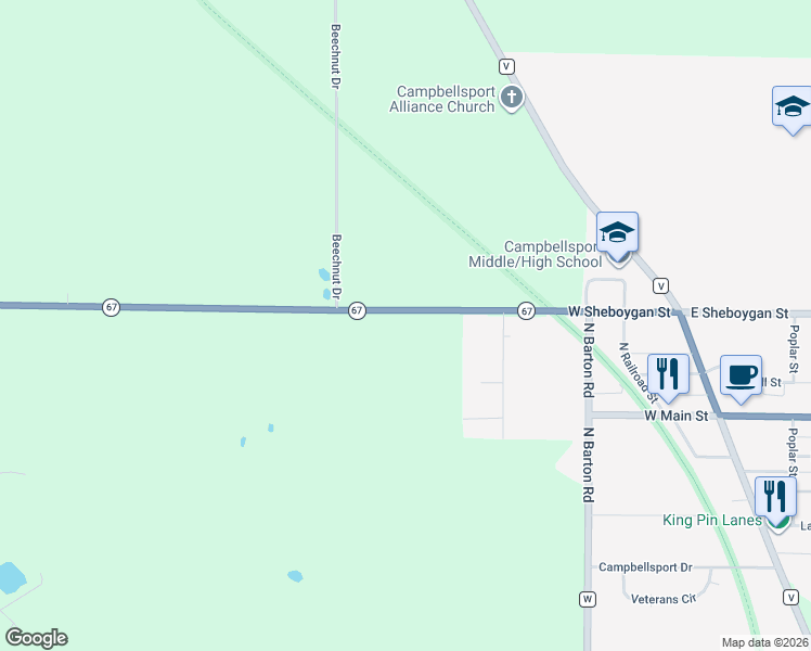 map of restaurants, bars, coffee shops, grocery stores, and more near W2840 Wisconsin 67 in Campbellsport