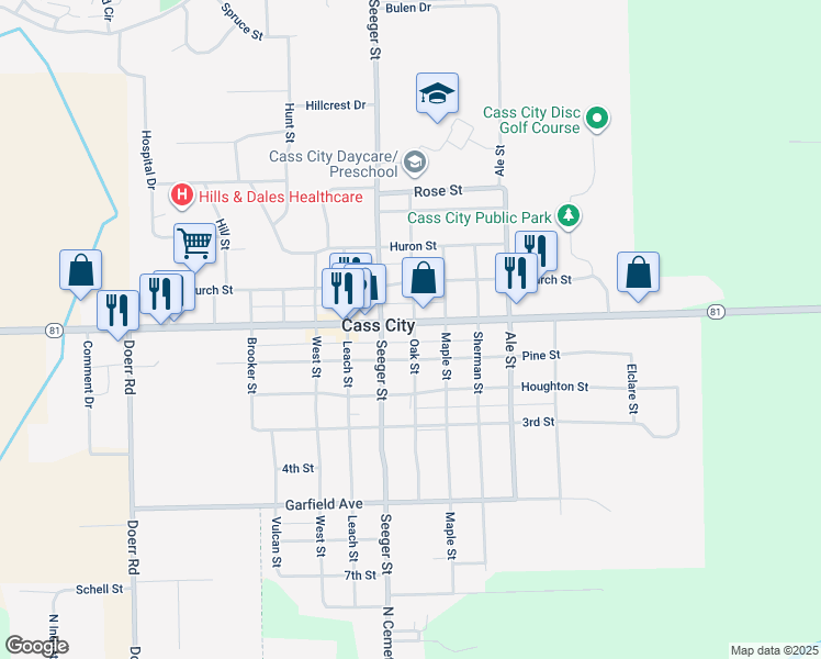 map of restaurants, bars, coffee shops, grocery stores, and more near 6544 Main Street in Cass City