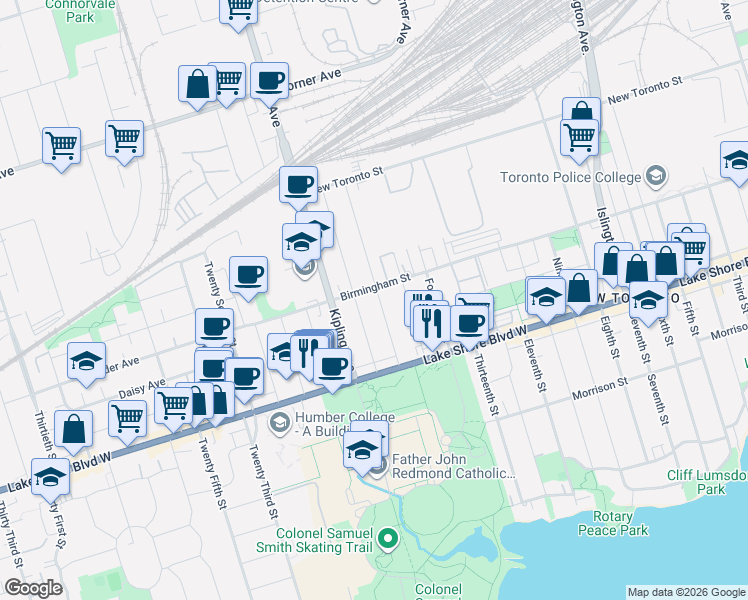 map of restaurants, bars, coffee shops, grocery stores, and more near 54 Sixteenth Street in Toronto
