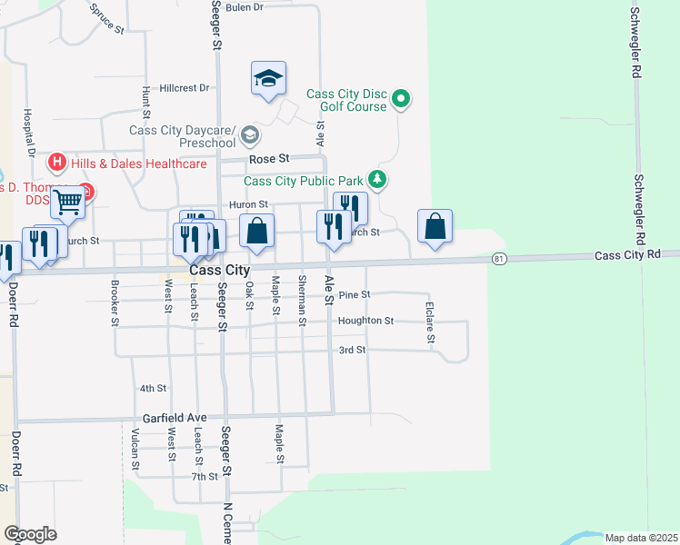 map of restaurants, bars, coffee shops, grocery stores, and more near 6712 Main Street in Cass City