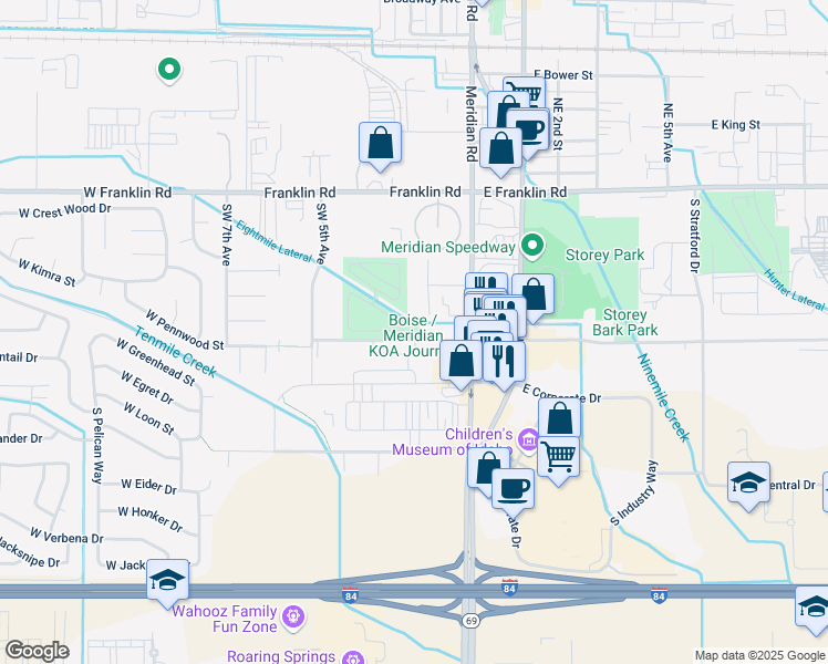 map of restaurants, bars, coffee shops, grocery stores, and more near 184 West Pennwood Street in Meridian