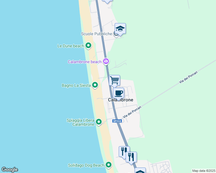 map of restaurants, bars, coffee shops, grocery stores, and more near 355 Viale del Tirreno in Marina di Pisa-tirrenia-calambr