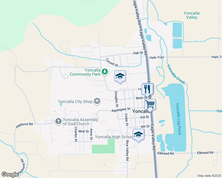 map of restaurants, bars, coffee shops, grocery stores, and more near 591 1st Street in Yoncalla