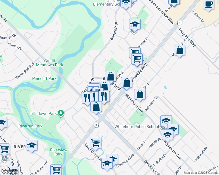 map of restaurants, bars, coffee shops, grocery stores, and more near 6050 Bidwell Trail in Mississauga