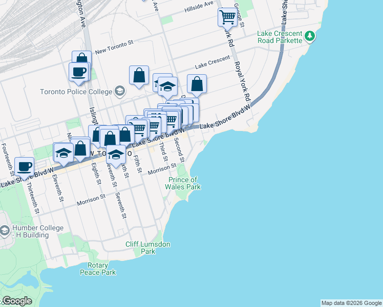 map of restaurants, bars, coffee shops, grocery stores, and more near 11a Lake Shore Drive in Toronto