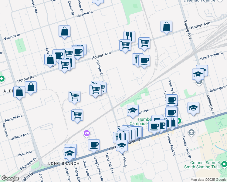 map of restaurants, bars, coffee shops, grocery stores, and more near 121 Thirtieth Street in Toronto