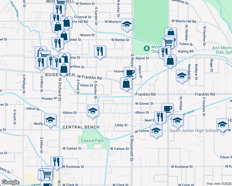 map of restaurants, bars, coffee shops, grocery stores, and more near 4416 West Brennen Street in Boise