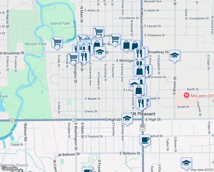 map of restaurants, bars, coffee shops, grocery stores, and more near 438 South Fancher in Mount Pleasant