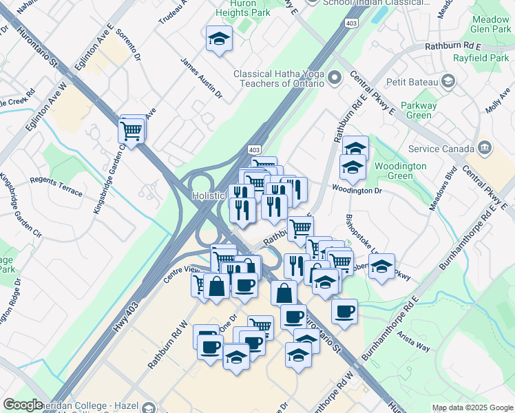 map of restaurants, bars, coffee shops, grocery stores, and more near 80 Village Centre Place in Mississauga