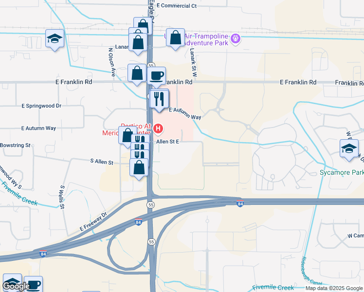map of restaurants, bars, coffee shops, grocery stores, and more near 520 South Eagle Road in Meridian