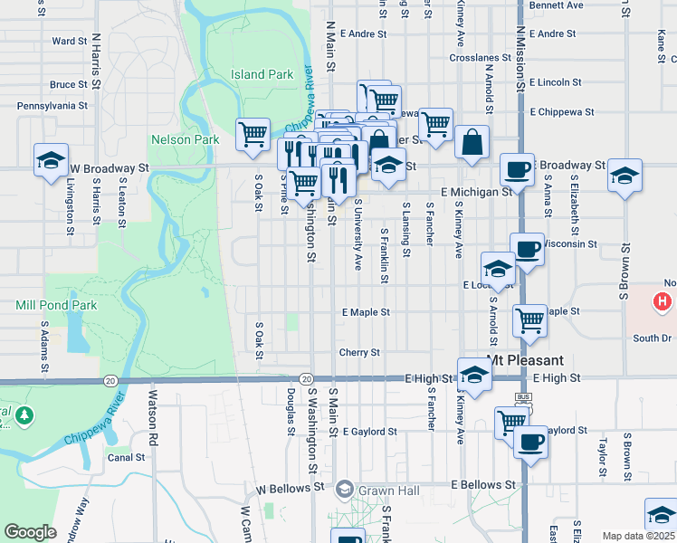 map of restaurants, bars, coffee shops, grocery stores, and more near 421 South Main Street in Mount Pleasant