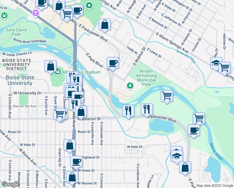 map of restaurants, bars, coffee shops, grocery stores, and more near 1105 East Kimberley Lane in Boise