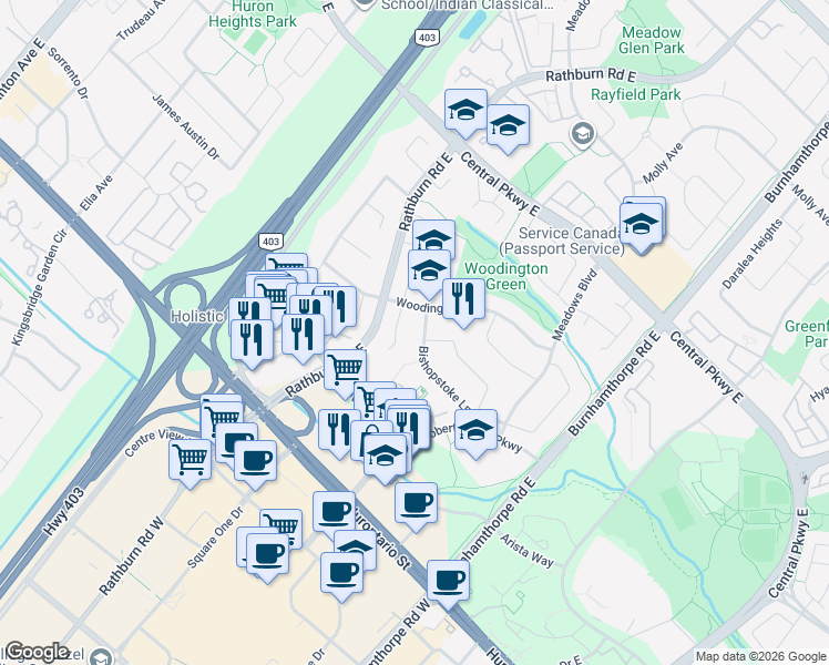 map of restaurants, bars, coffee shops, grocery stores, and more near 4190 Bishopstoke Lane in Mississauga