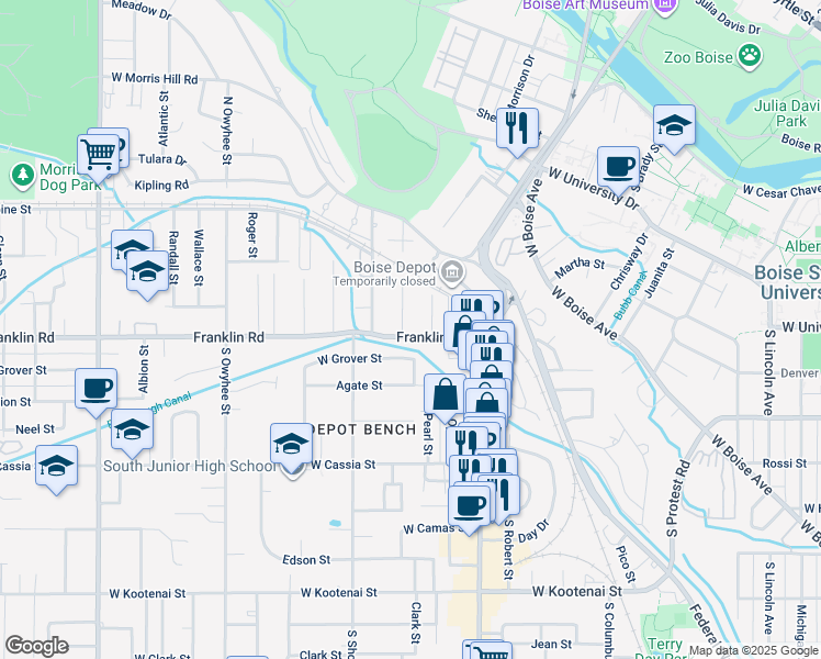 map of restaurants, bars, coffee shops, grocery stores, and more near 2819 Rose Hill Street in Boise