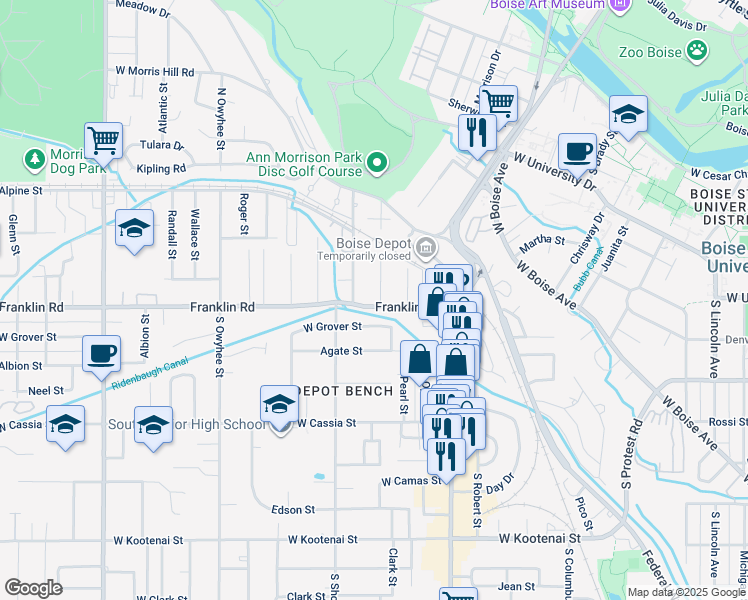 map of restaurants, bars, coffee shops, grocery stores, and more near 2819 Rose Hill Street in Boise