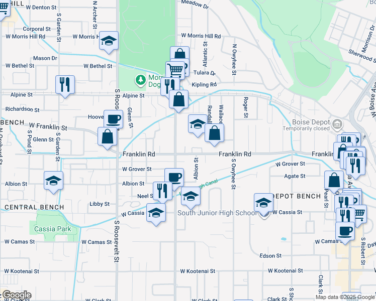 map of restaurants, bars, coffee shops, grocery stores, and more near 3705 Rose Hill Street in Boise