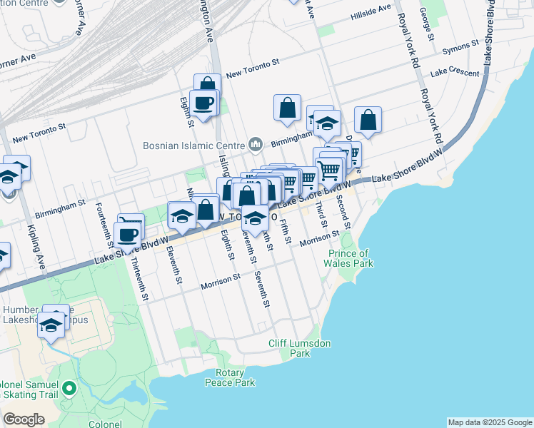 map of restaurants, bars, coffee shops, grocery stores, and more near 2883 Lake Shore Boulevard West in Toronto