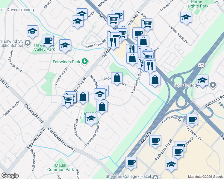 map of restaurants, bars, coffee shops, grocery stores, and more near 4594 Bismark Crescent in Mississauga