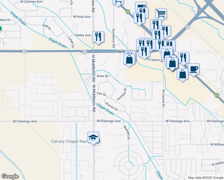 map of restaurants, bars, coffee shops, grocery stores, and more near 1813 Taurus Drive in Nampa
