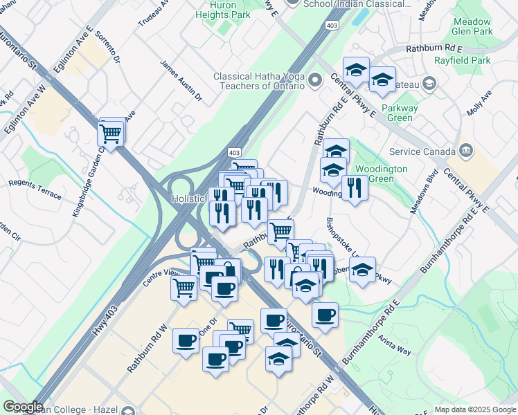map of restaurants, bars, coffee shops, grocery stores, and more near in Mississauga