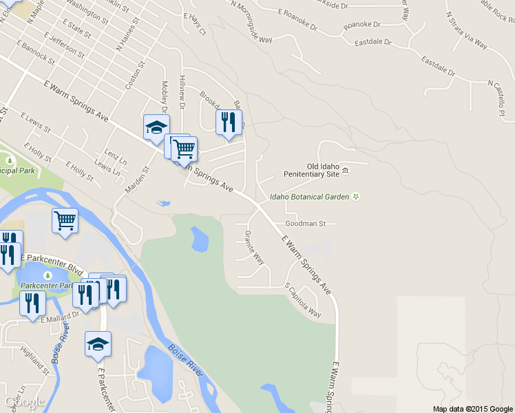 map of restaurants, bars, coffee shops, grocery stores, and more near 2219 East Warm Springs Avenue in Boise