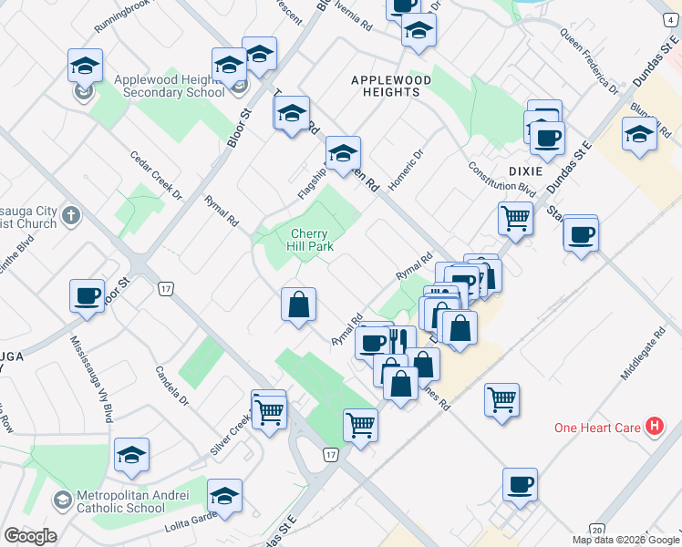 map of restaurants, bars, coffee shops, grocery stores, and more near 3220 Lednier Terrace in Mississauga