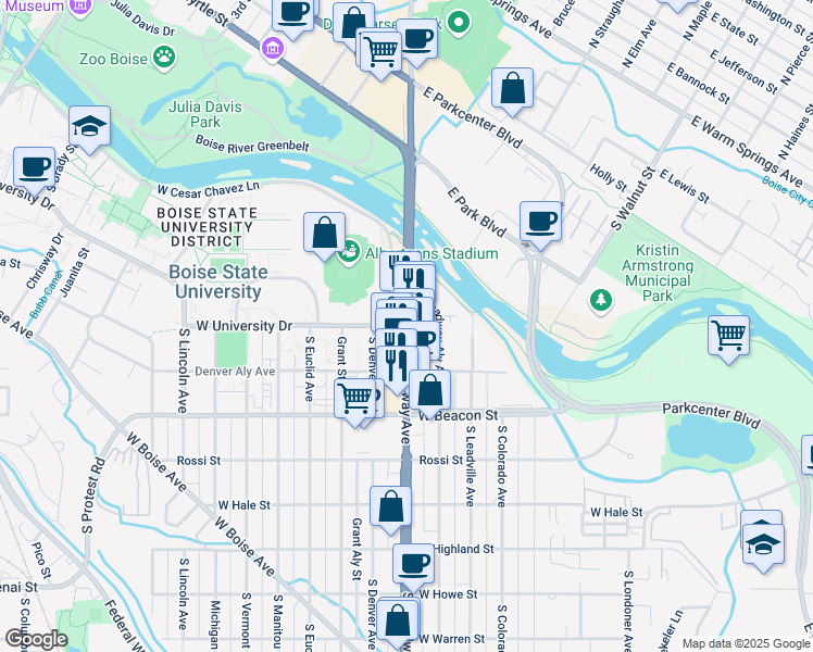 map of restaurants, bars, coffee shops, grocery stores, and more near South Broadway Avenue & West University Drive in Boise