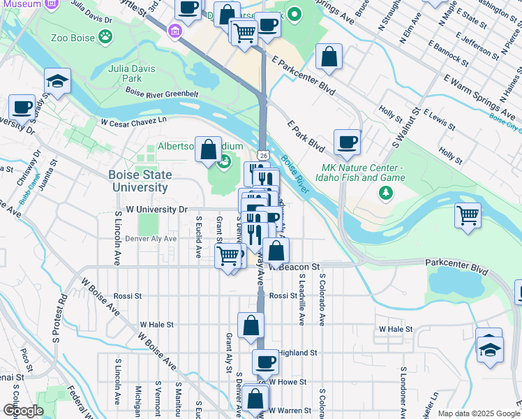 map of restaurants, bars, coffee shops, grocery stores, and more near South Broadway Avenue & West University Drive in Boise