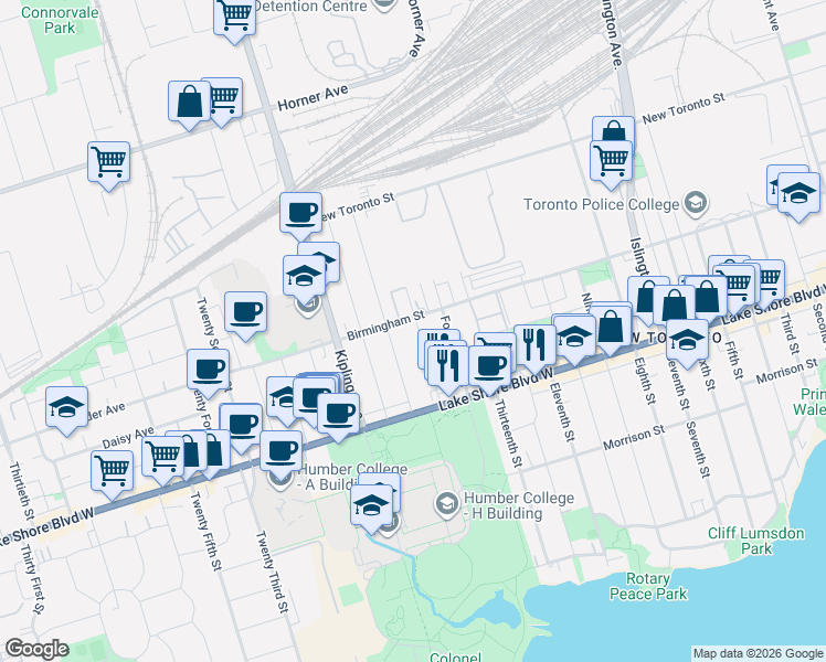 map of restaurants, bars, coffee shops, grocery stores, and more near 56 Fifteenth Street in Toronto