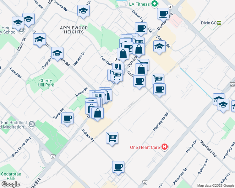 map of restaurants, bars, coffee shops, grocery stores, and more near 1024 Dundas Street East in Mississauga