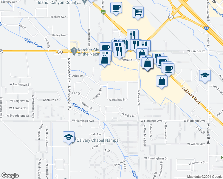 map of restaurants, bars, coffee shops, grocery stores, and more near 1817 North Cobble Way in Nampa