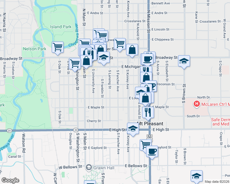map of restaurants, bars, coffee shops, grocery stores, and more near 438 South Fancher in Mount Pleasant