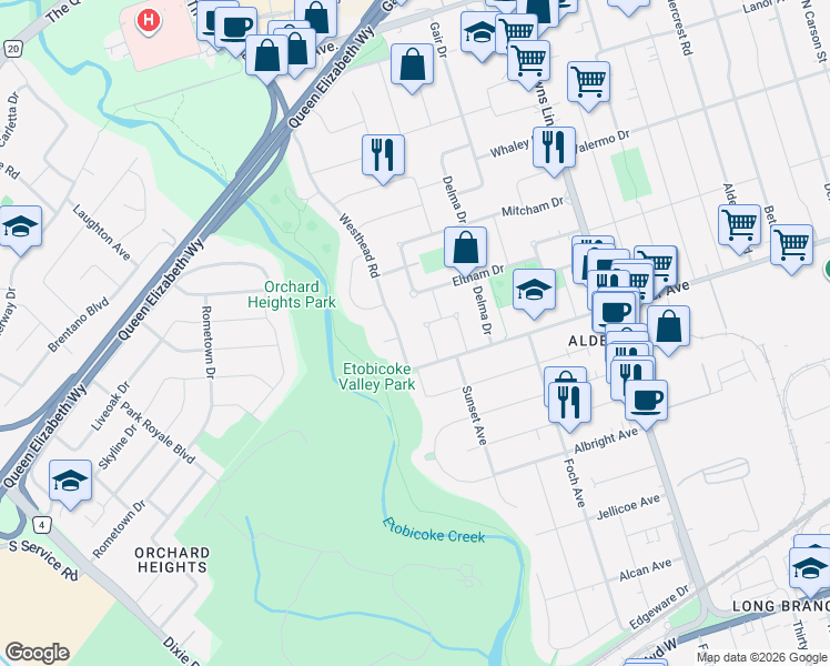 map of restaurants, bars, coffee shops, grocery stores, and more near 11 Chelsea Drive in Toronto