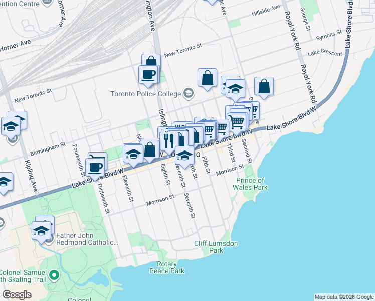 map of restaurants, bars, coffee shops, grocery stores, and more near Lake Shore Boulevard West in Toronto