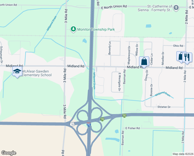 map of restaurants, bars, coffee shops, grocery stores, and more near 4829 Apple Tree Lane in Bay City