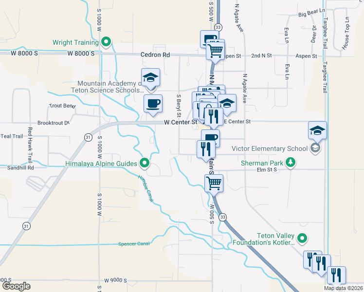 map of restaurants, bars, coffee shops, grocery stores, and more near 80 West Dogwood Street in Victor