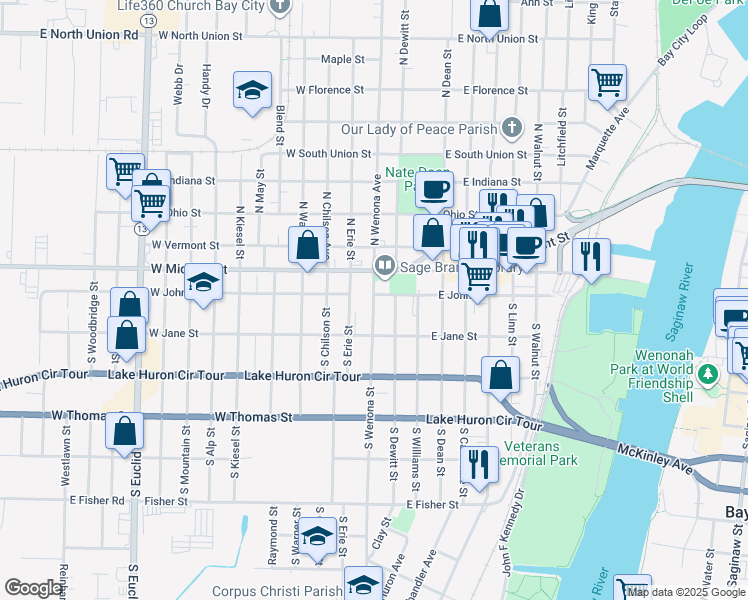map of restaurants, bars, coffee shops, grocery stores, and more near 200 South Wenona Street in Bay City