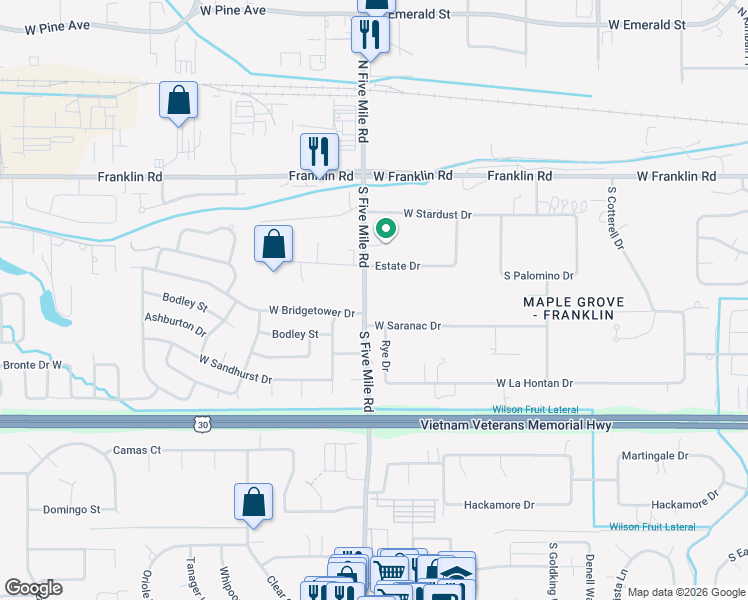 map of restaurants, bars, coffee shops, grocery stores, and more near 10609 West Bridgetower Drive in Boise