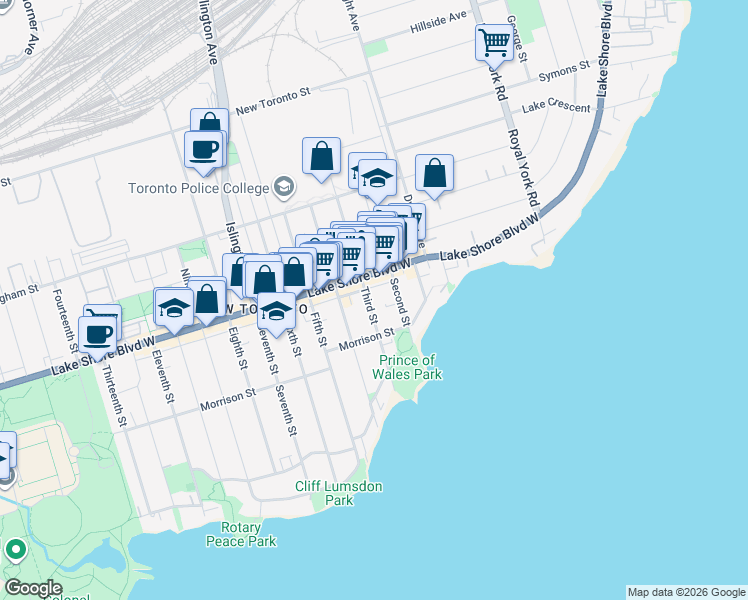 map of restaurants, bars, coffee shops, grocery stores, and more near 61 Third Street in Toronto
