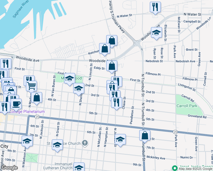 map of restaurants, bars, coffee shops, grocery stores, and more near 1601 2nd Street in Bay City