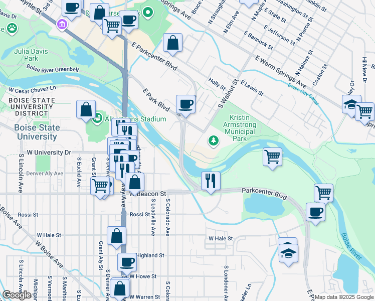 map of restaurants, bars, coffee shops, grocery stores, and more near 1105 East Kimberley Lane in Boise