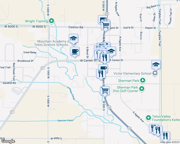 map of restaurants, bars, coffee shops, grocery stores, and more near 80 West Dogwood Street in Victor