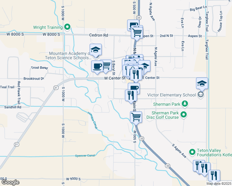 map of restaurants, bars, coffee shops, grocery stores, and more near 80 West Dogwood Street in Victor