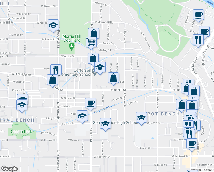 map of restaurants, bars, coffee shops, grocery stores, and more near 3519 Rose Hill Street in Boise