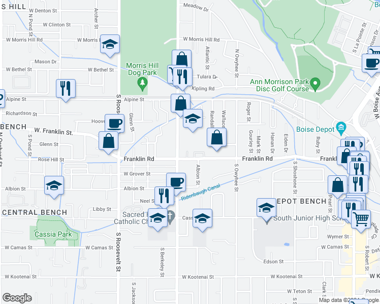 map of restaurants, bars, coffee shops, grocery stores, and more near 3705 Rose Hill Street in Boise