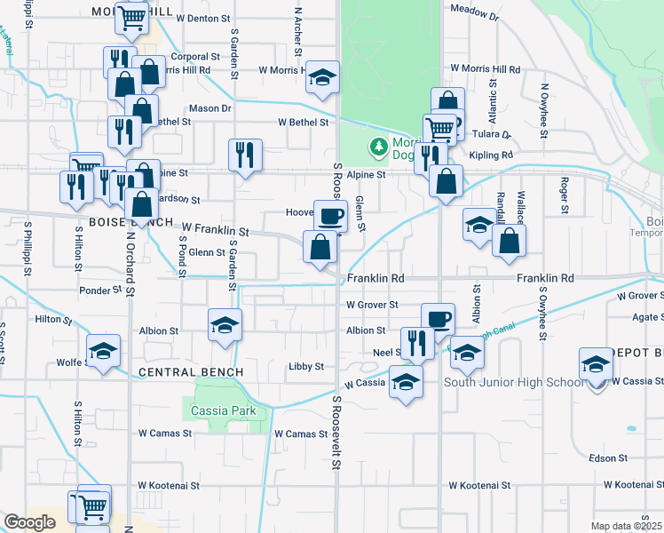 map of restaurants, bars, coffee shops, grocery stores, and more near in Boise
