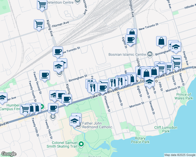map of restaurants, bars, coffee shops, grocery stores, and more near in Etobicoke
