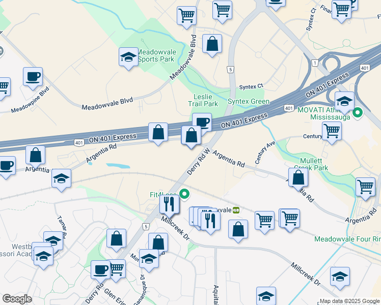 map of restaurants, bars, coffee shops, grocery stores, and more near 2550 Argentia Road in Mississauga