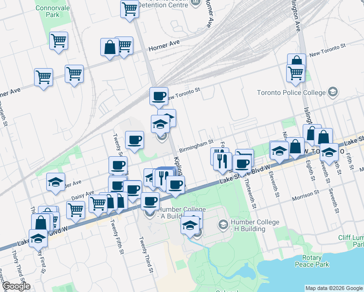 map of restaurants, bars, coffee shops, grocery stores, and more near 268 Birmingham Street in Toronto